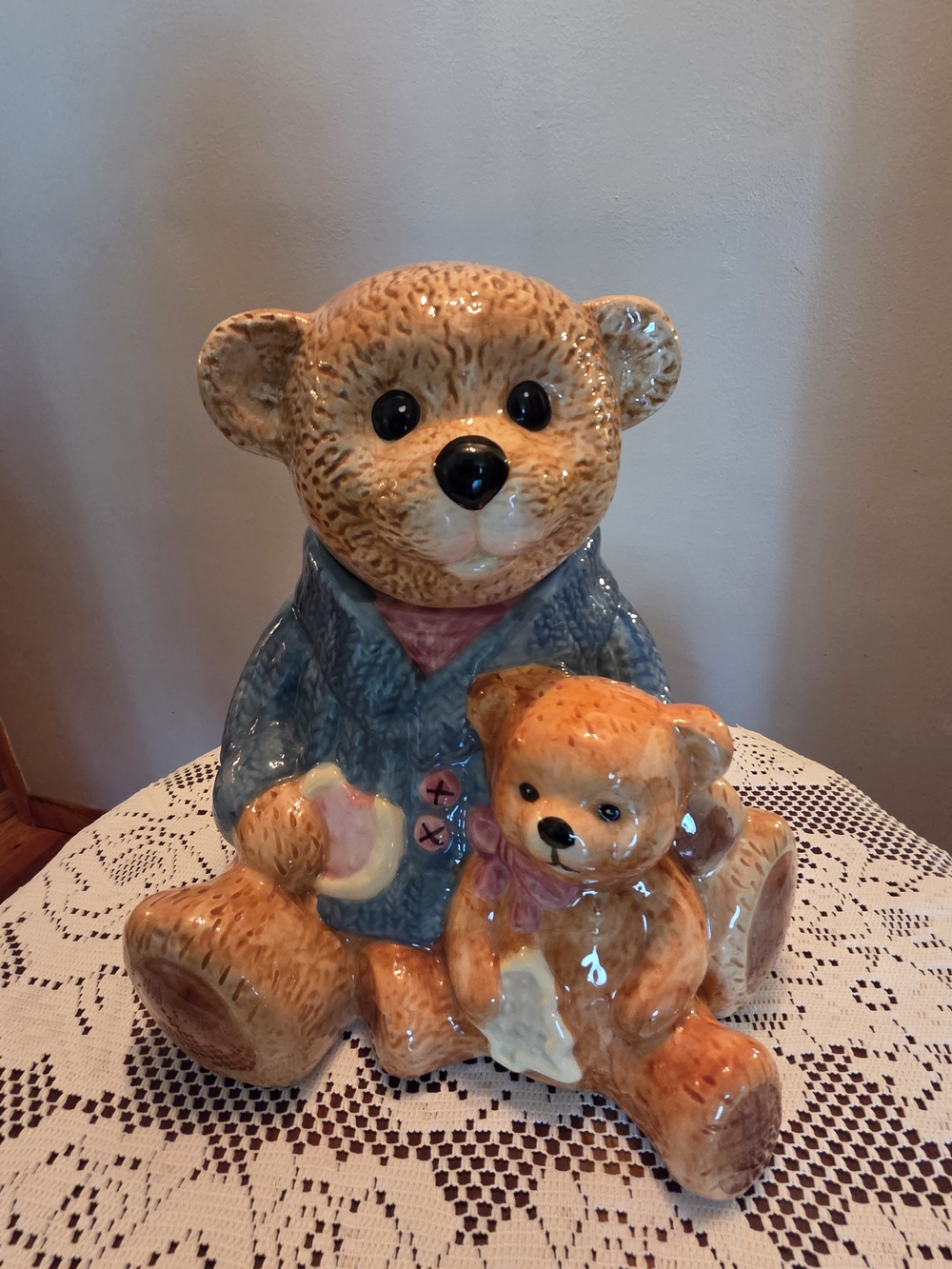 Vintage Papa Teddy Bear And Baby Cookie Jar Cottage Core Grandma
